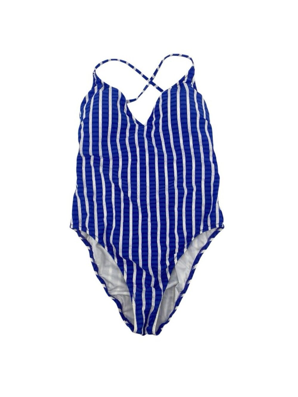 J.Crew Size 10 Blue White Lace Up Back One Piece Swimsuit Puckered Stripe H2911 - Picture 2 of 14